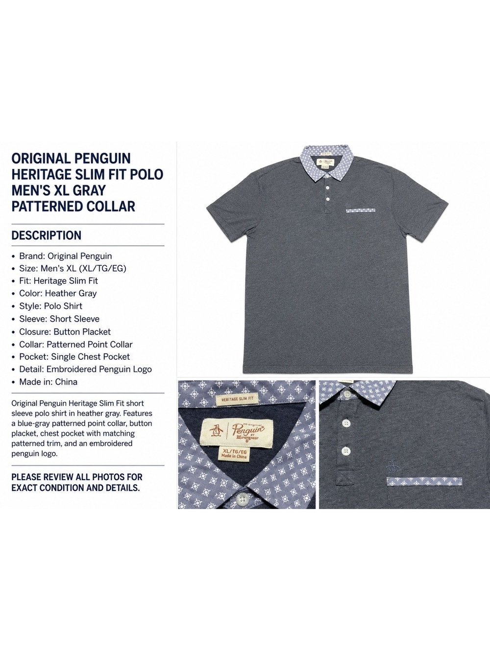 Original Penguin Men’s XL Heritage Slim Fit Gray Polo Shirt Patterned Collar